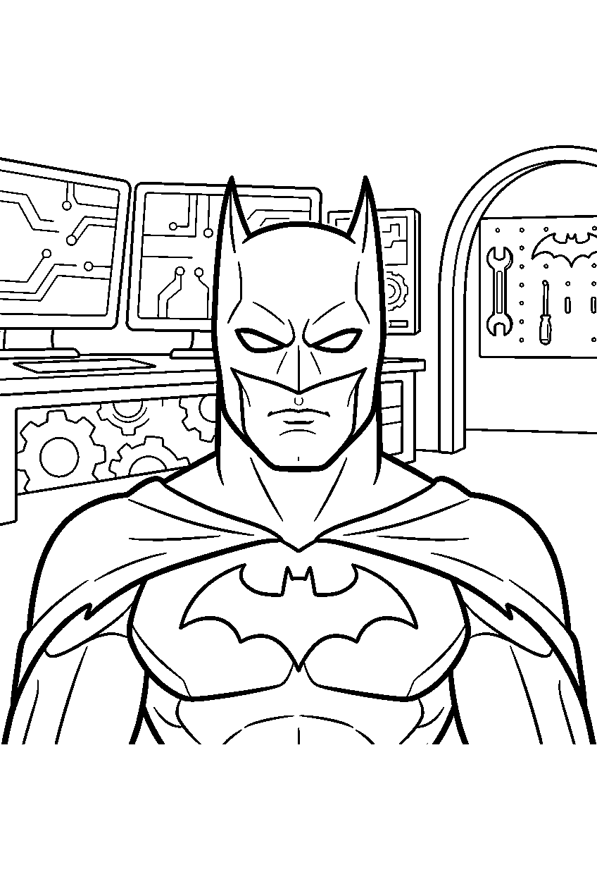 batman in batcave workshop line art