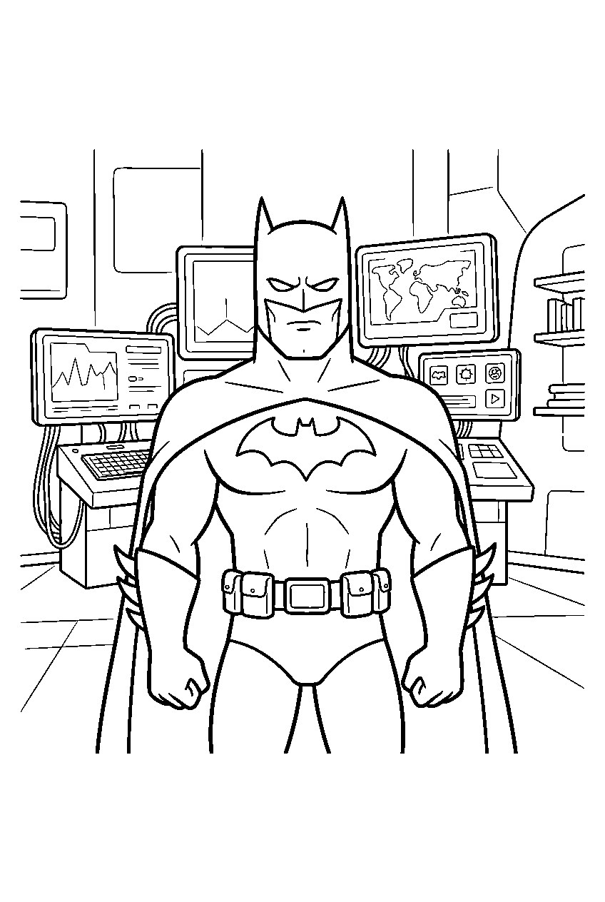 batman in batcomputer room line art