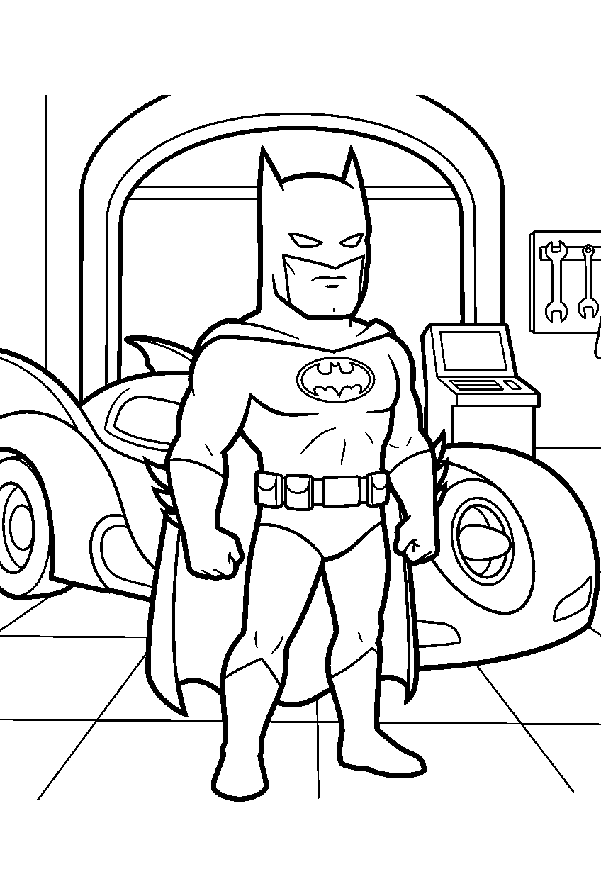 batman in batmobile garage line art