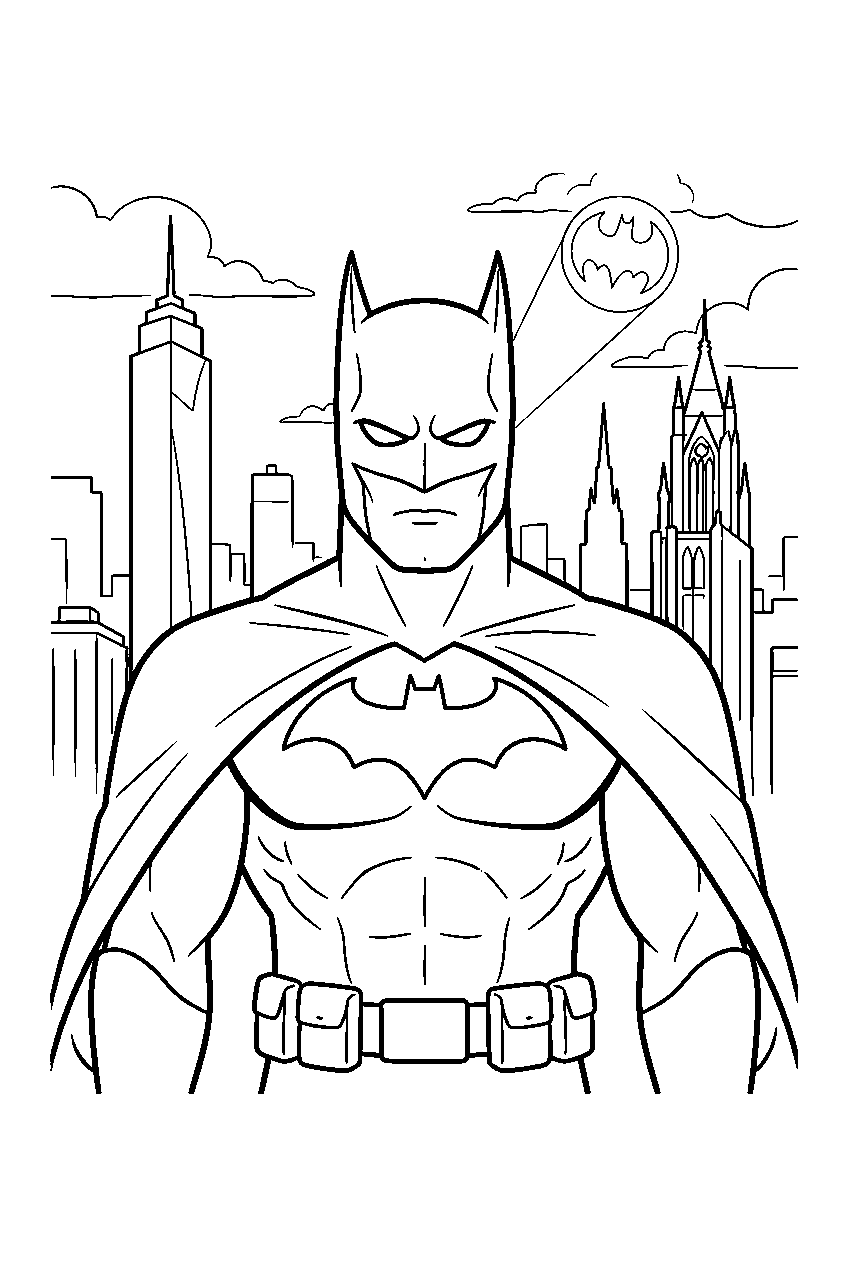 batman in gotham skyline line art