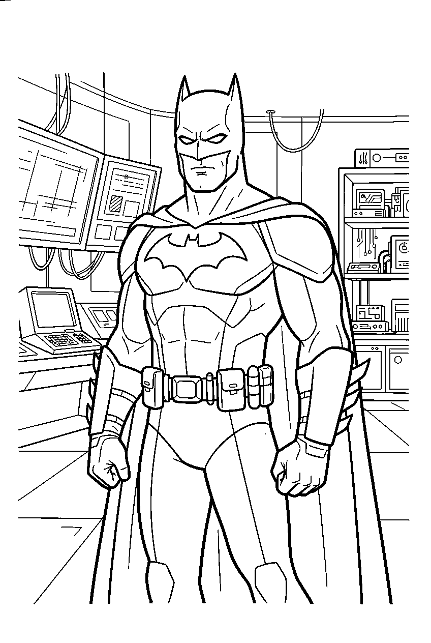 batman in high tech laboratory line art