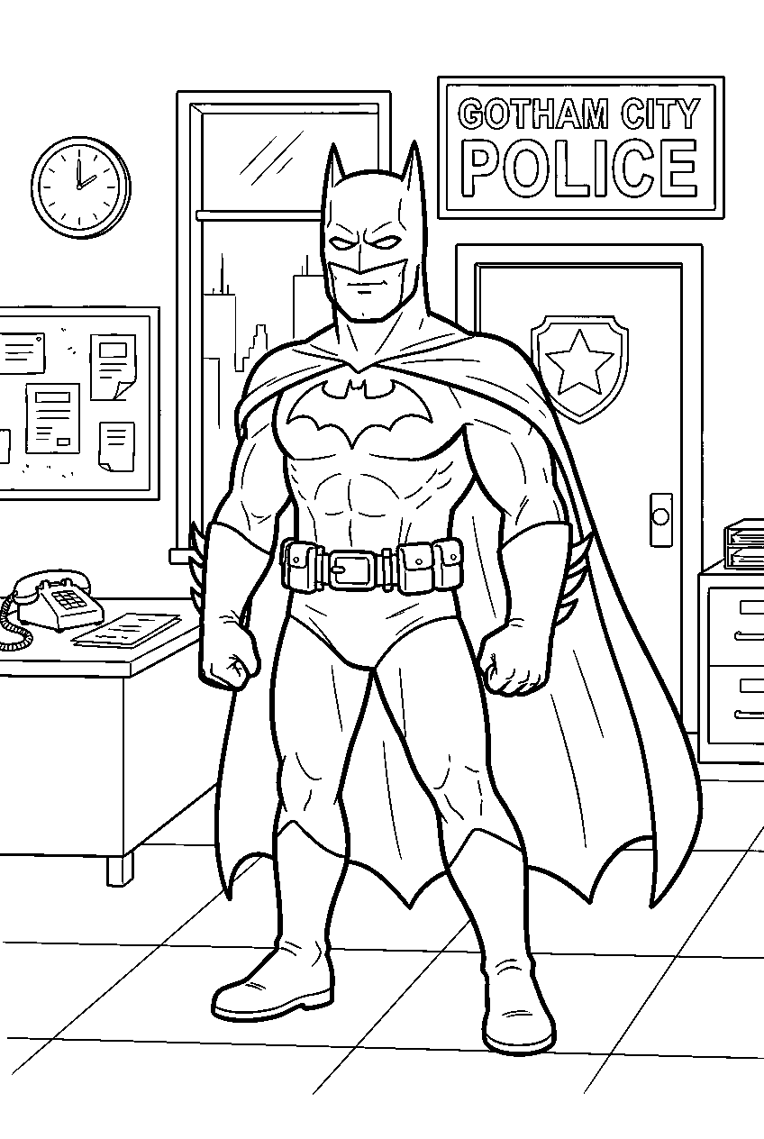 batman in police headquarters line art