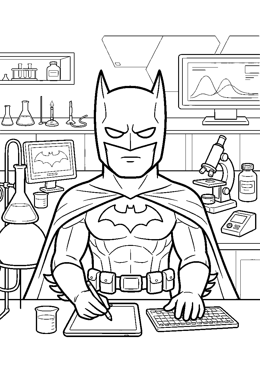 batman in research laboratory line art
