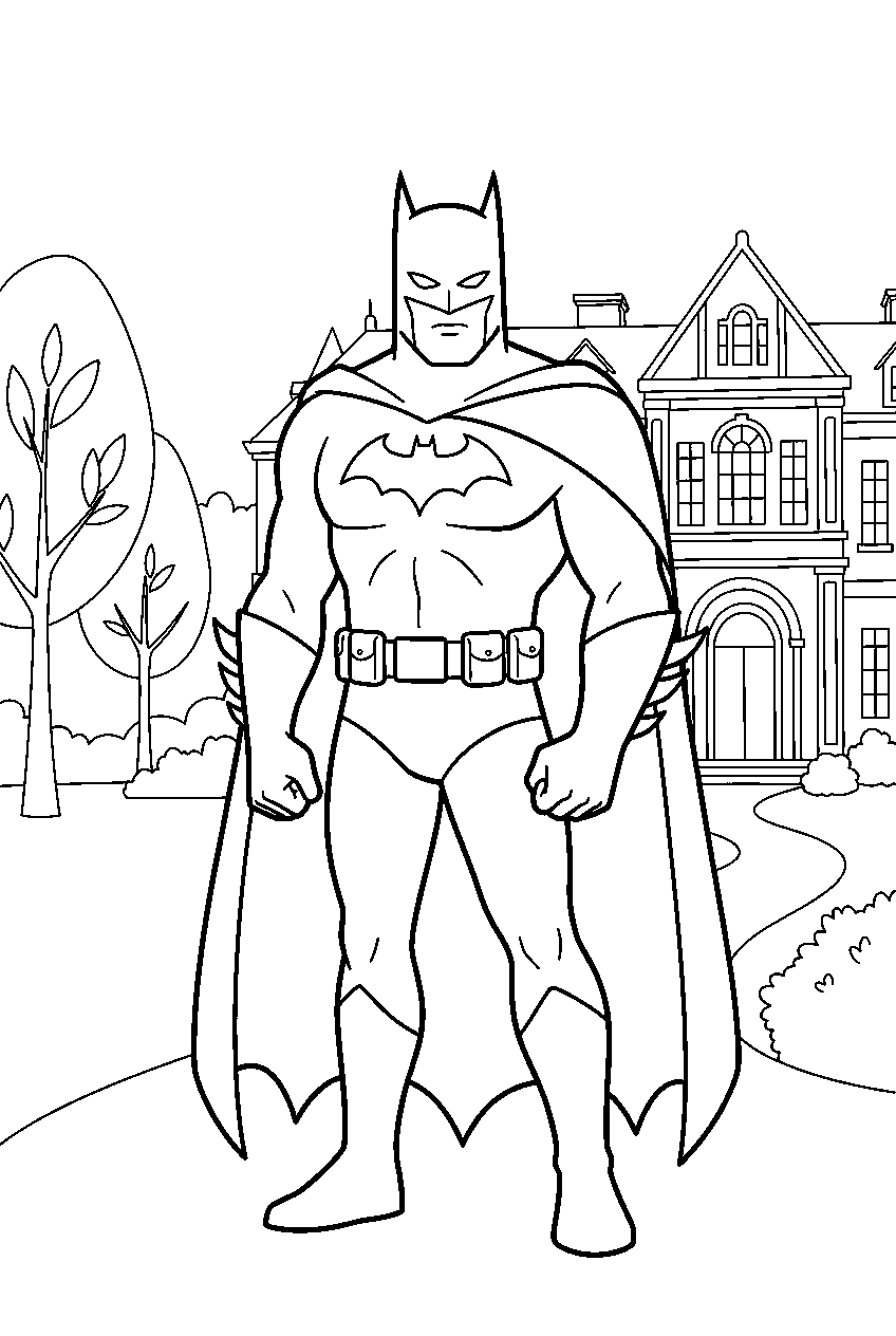 batman in wayne manor grounds line art