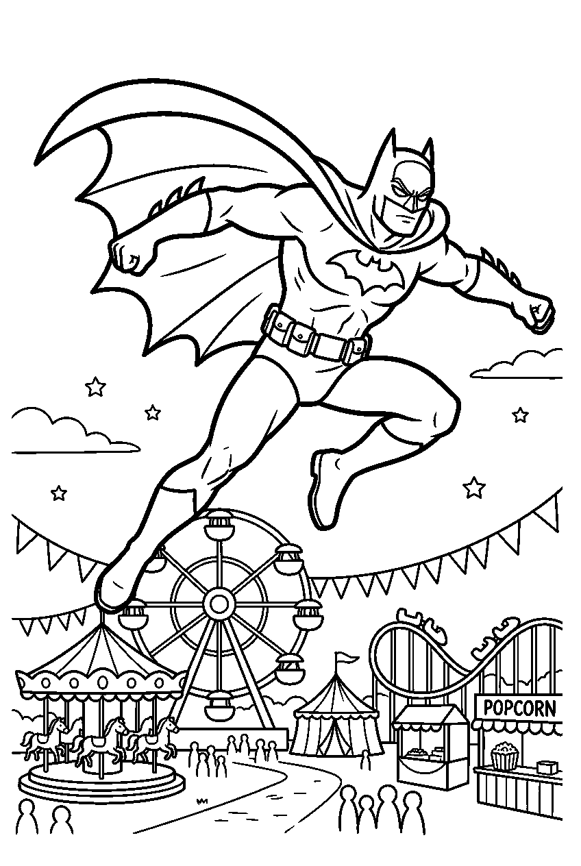 batman jumping in carnival grounds line art