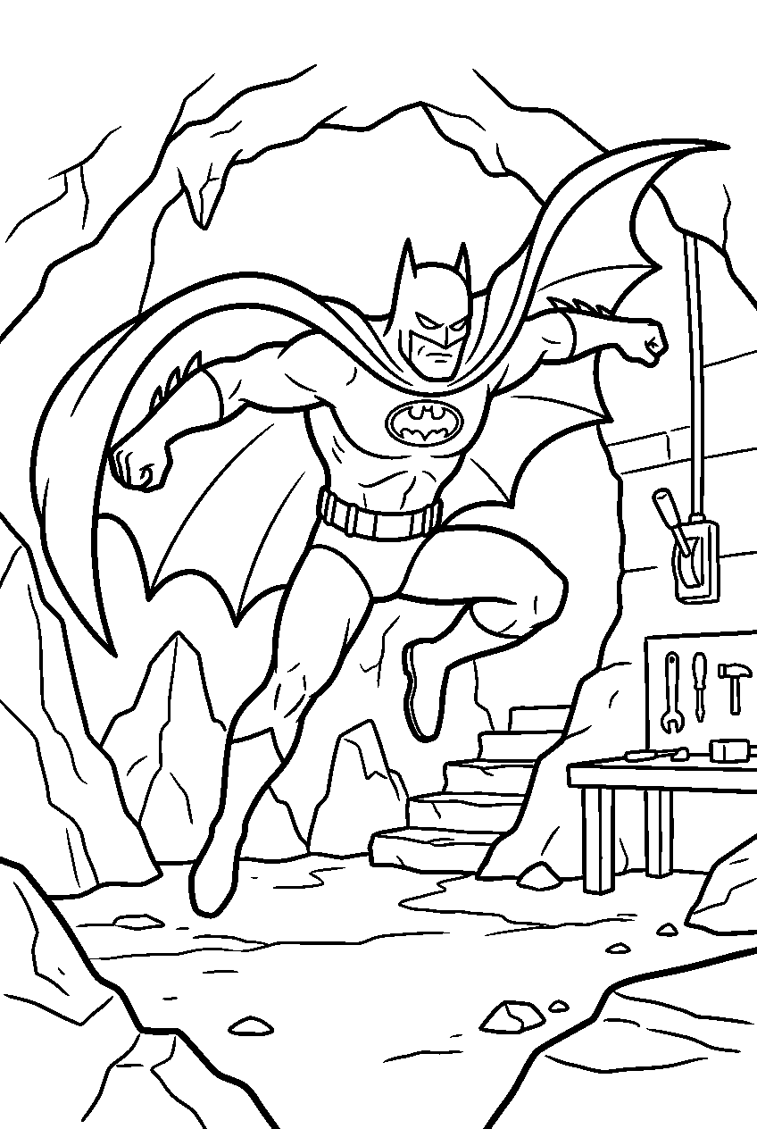 batman jumping in underground hideout line art