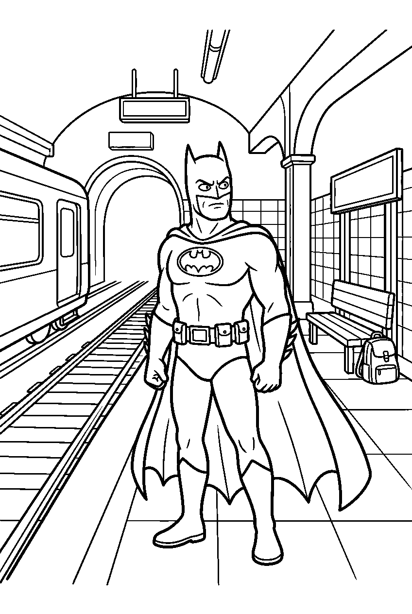 batman looking around in subway station line art