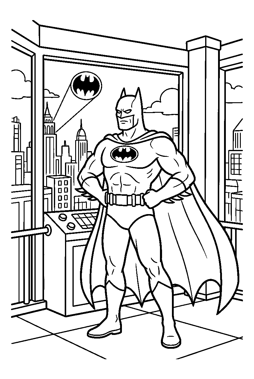 batman posing in observation tower line art