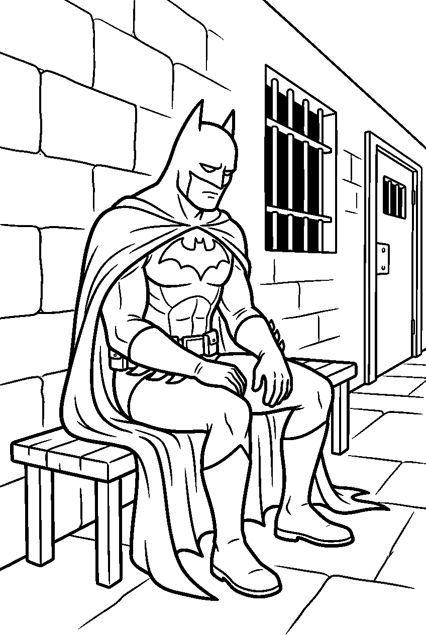 batman sitting in arkham hallway line art