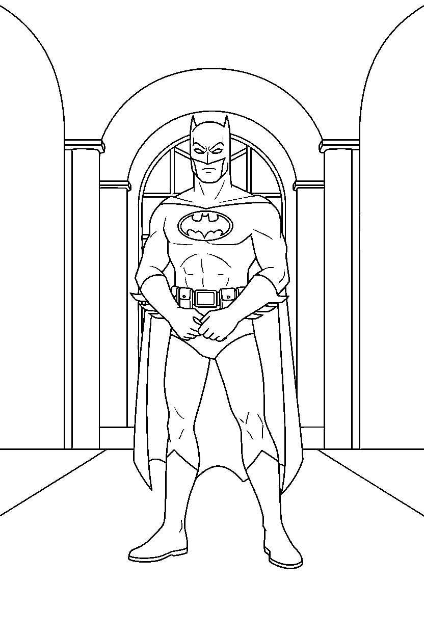 batman standing calmly in hallway line art