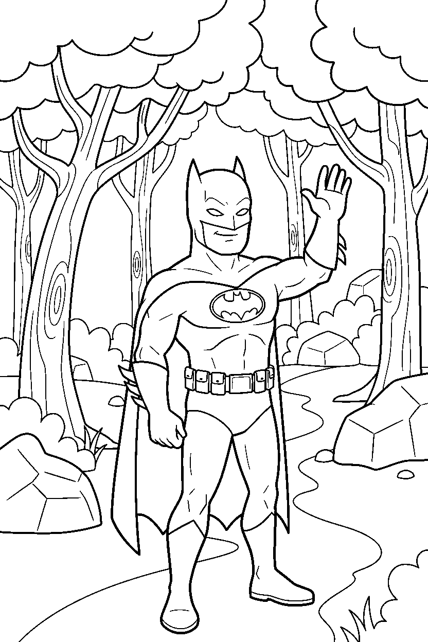 batman waving in forest line art