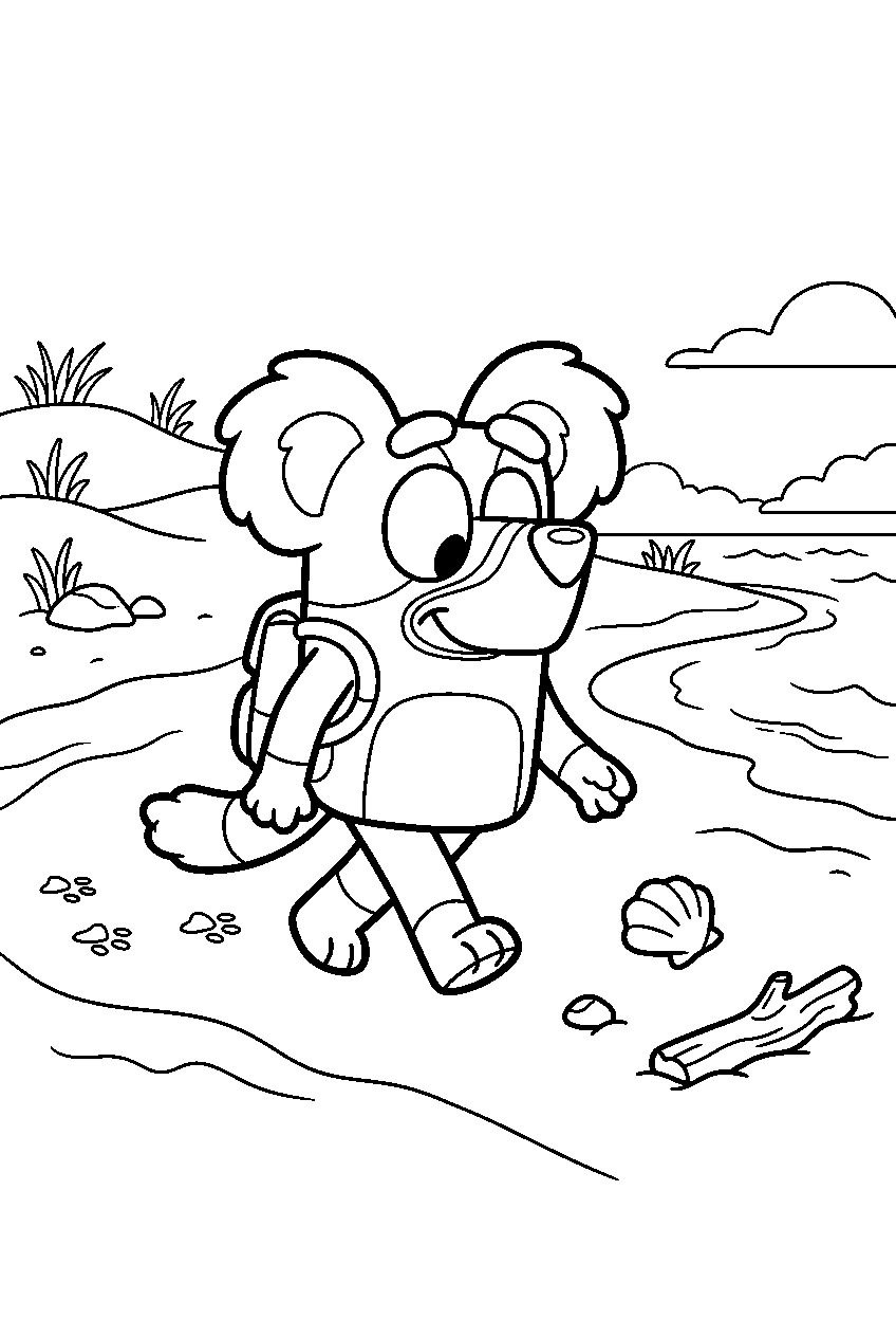 bluey bandit exploring on sandy beach line art