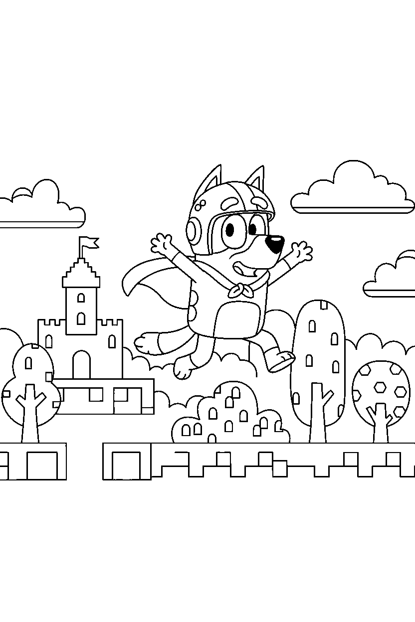 bluey bandit jumping in game world line art