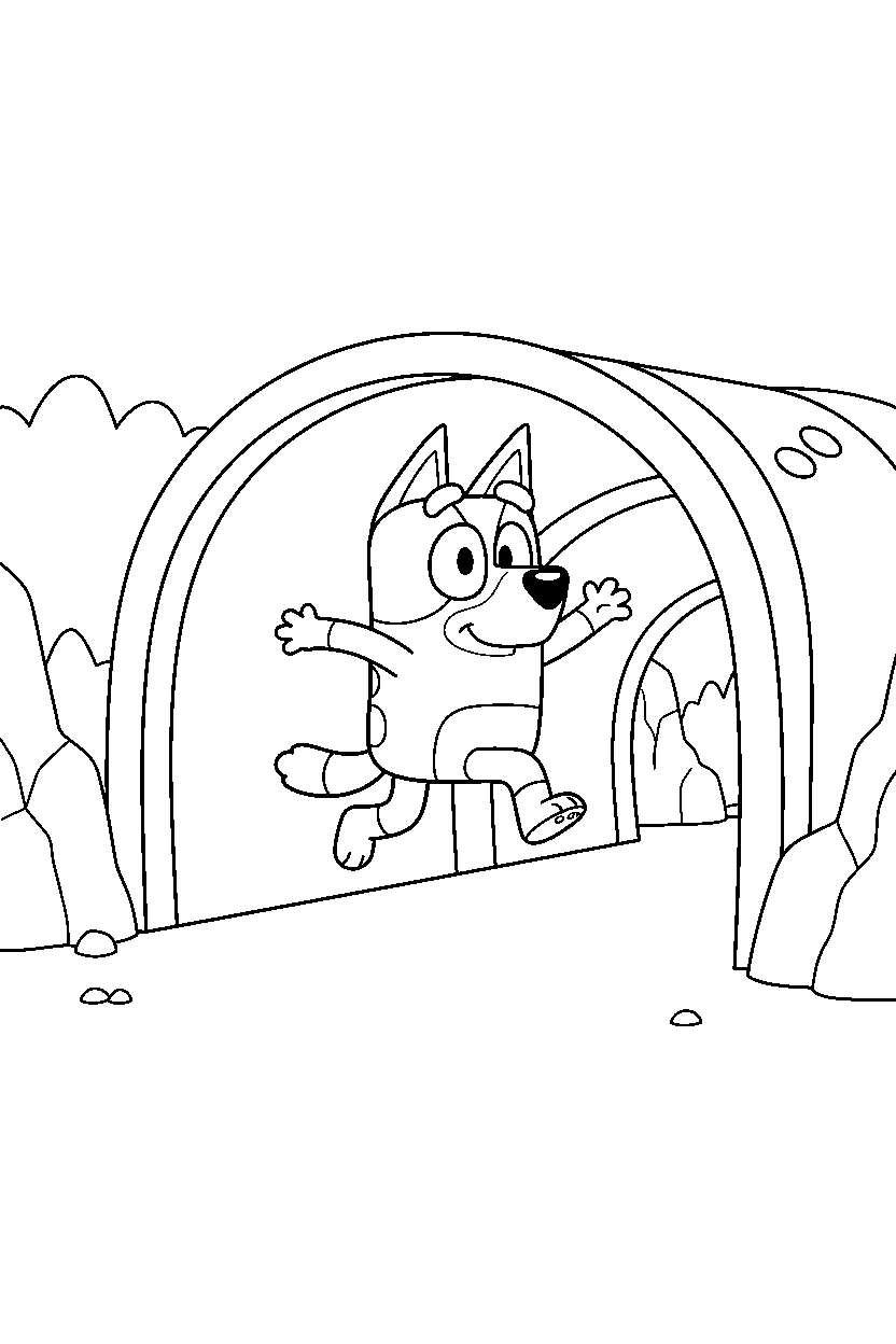 bluey bandit jumping in tunnel line art
