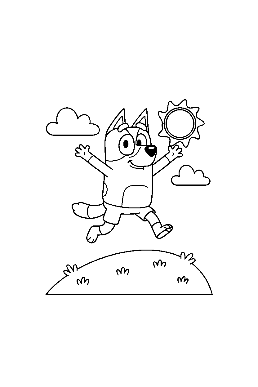 bluey bandit jumping on hill line art