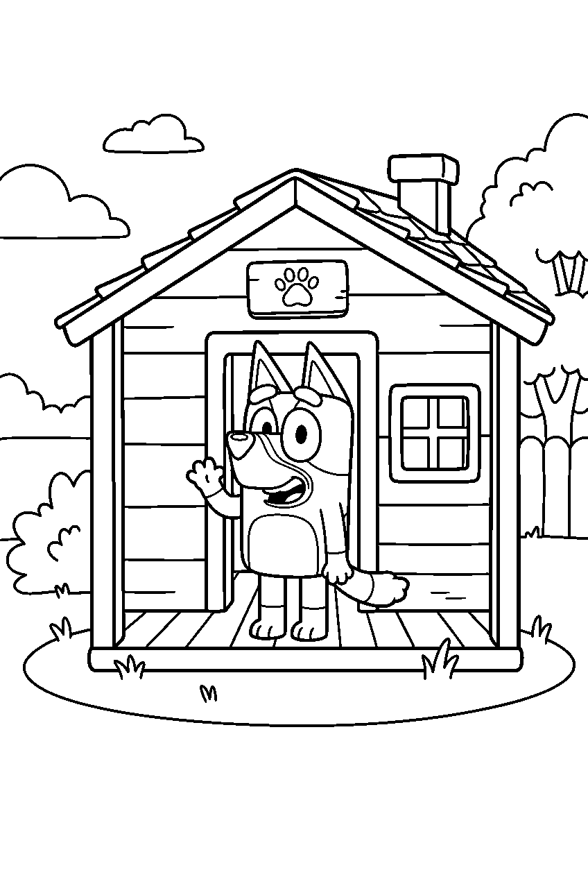 bluey bandit posing in cubby house line art