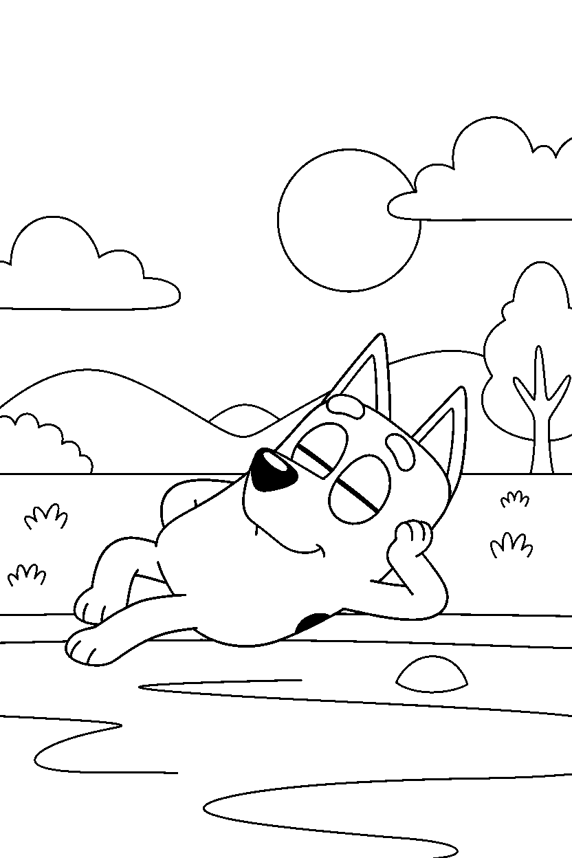 bluey bandit resting by water line art