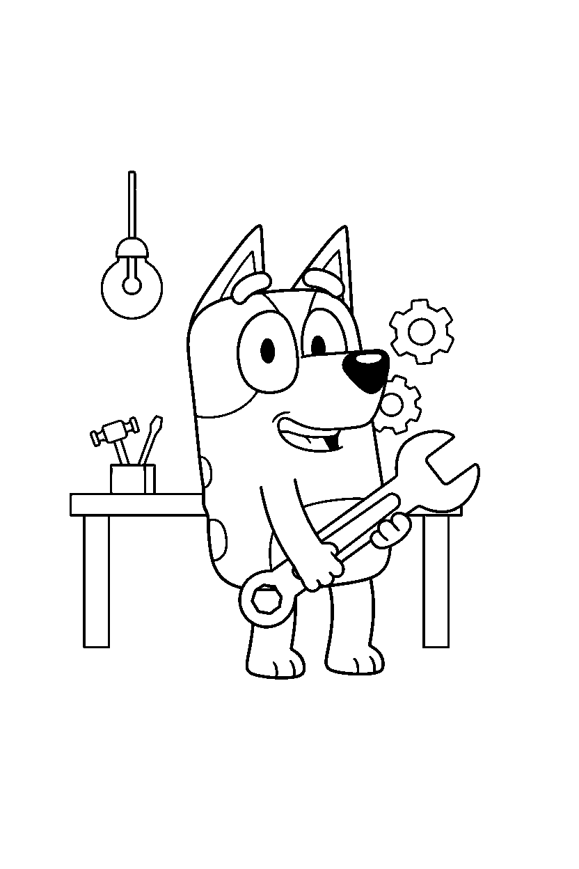 bluey bandit smiling in workshop line art