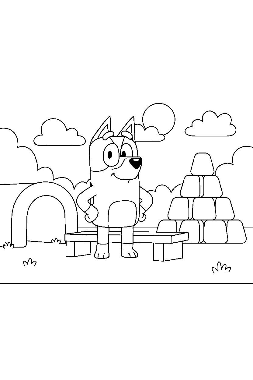 bluey bandit standing confidently in obstacle course line art