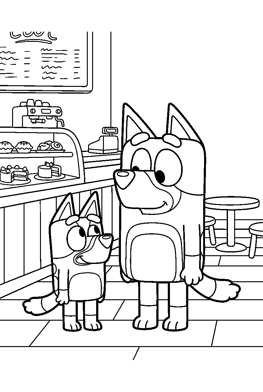 bluey bandit standing in cafe line art