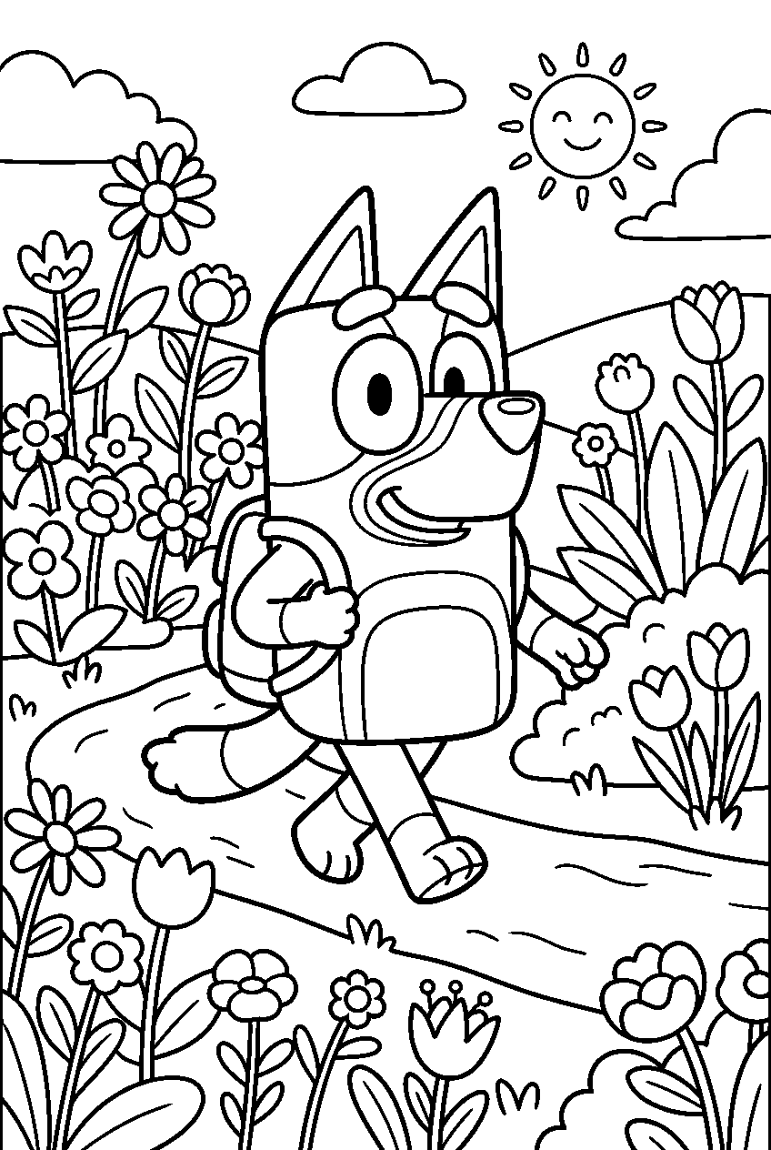 bluey bandit walking in flower garden line art
