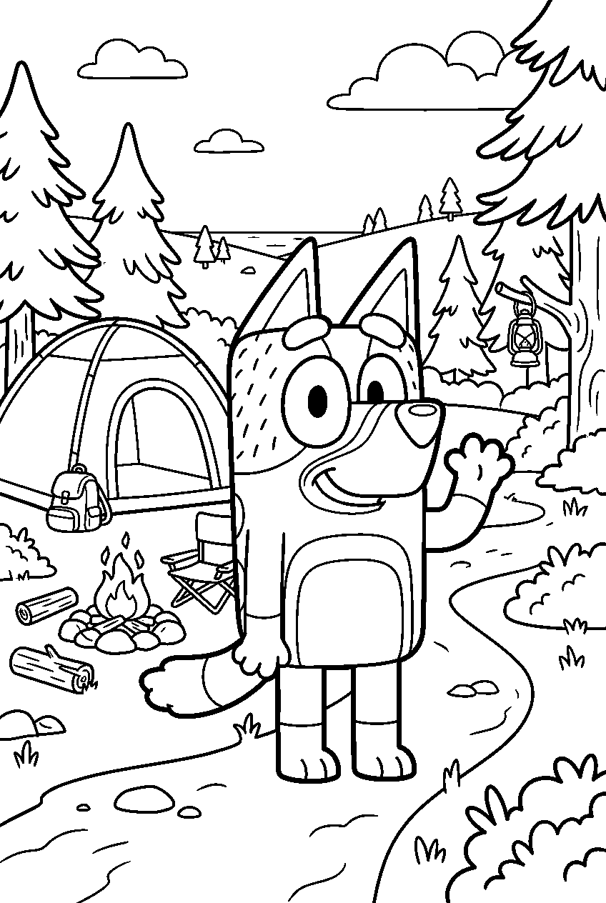bluey bandit waving in camping area line art