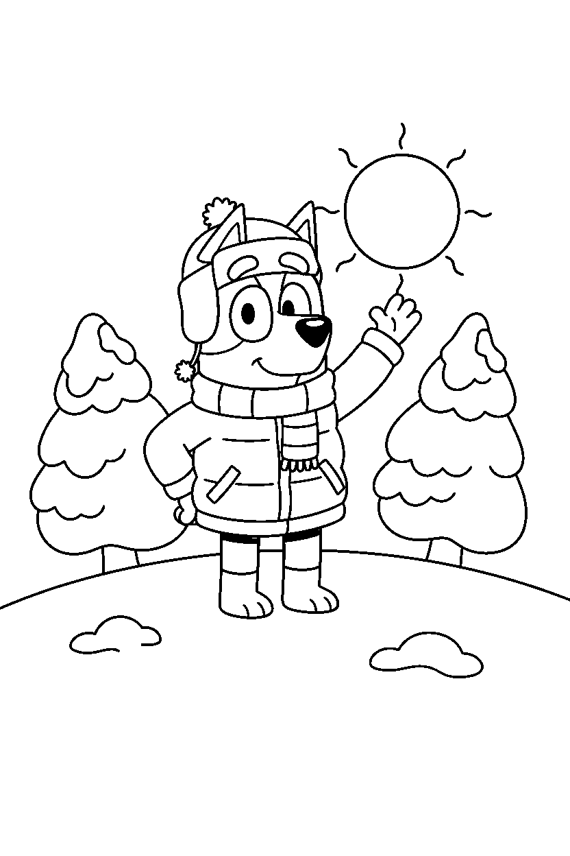 bluey bandit waving on snowy hill line art
