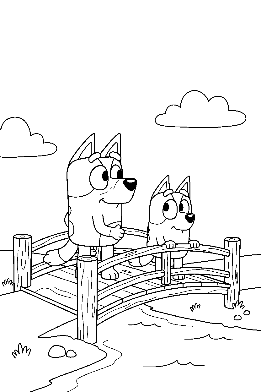 bluey bingo looking around on wooden bridge line art