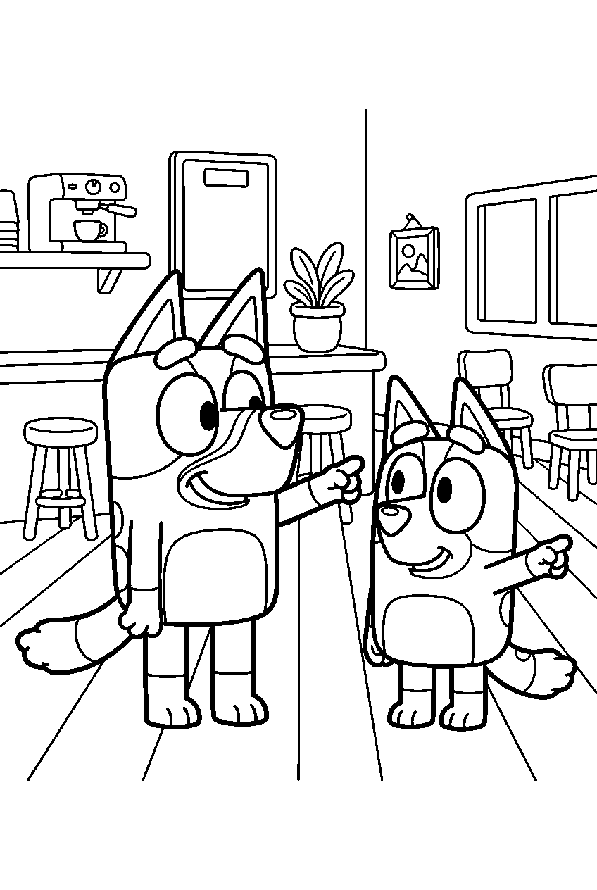 bluey bingo pointing in cafe line art