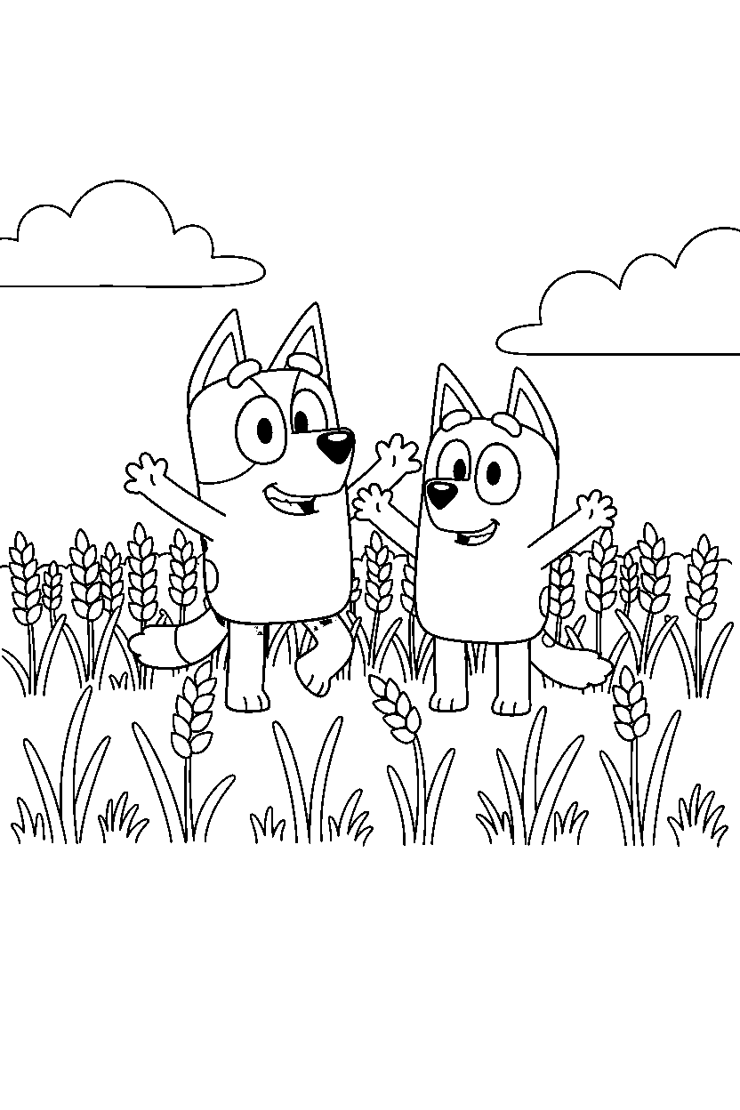 bluey bingo posing in wheat field line art