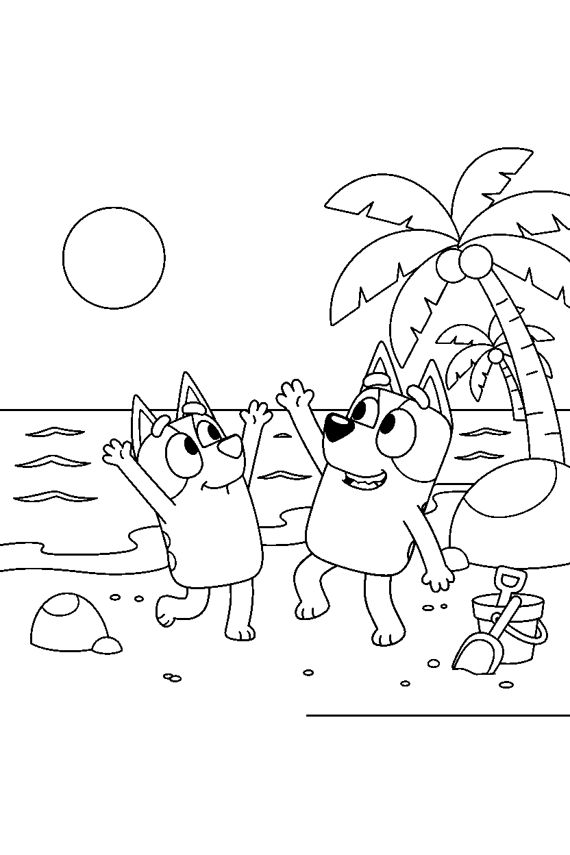 bluey bingo reaching on beach line art