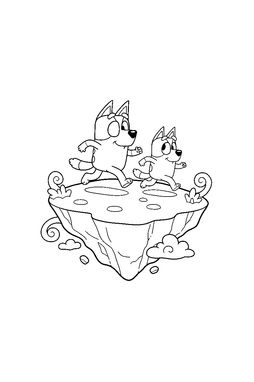 bluey bingo running in floating island line art