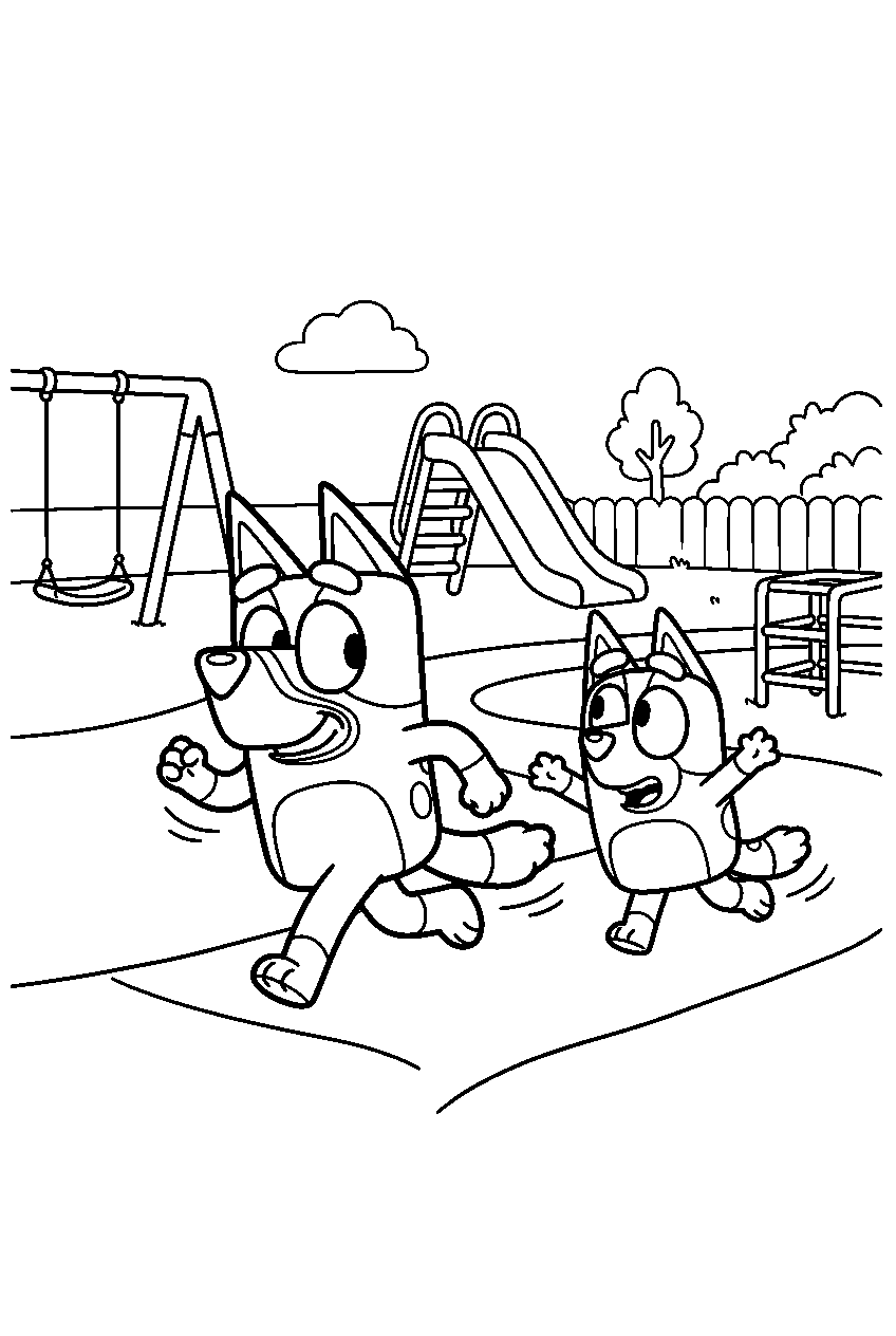 bluey bingo running in playground line art