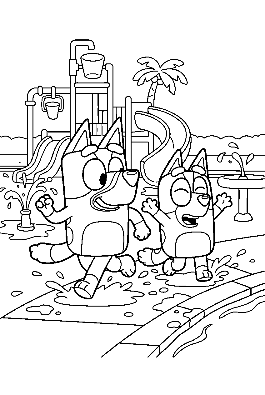 bluey bingo running in water park line art