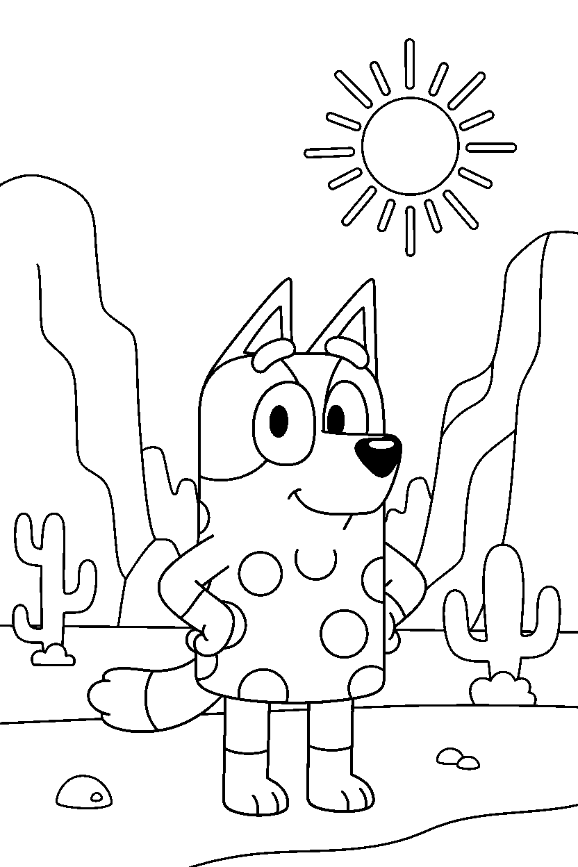 bluey bingo standing confidently in desert line art