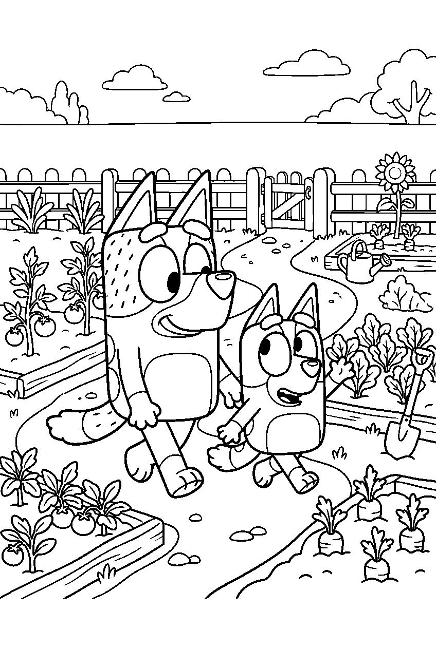 bluey bingo walking in vegetable garden line art