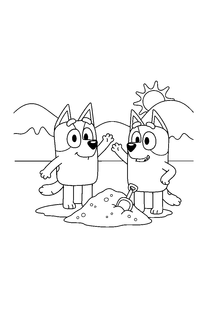 bluey bingo waving in sand line art