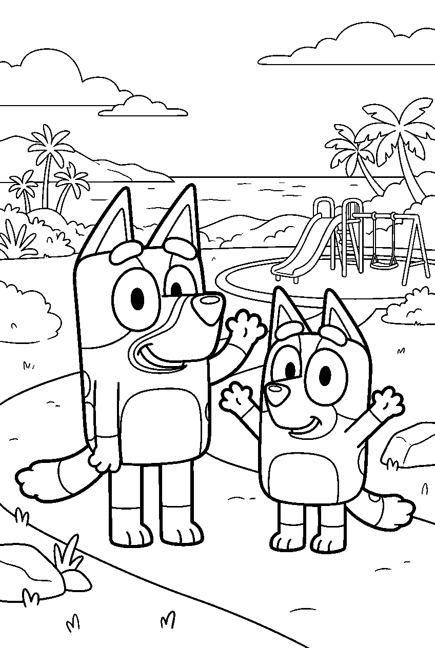 bluey bingo waving in seaside park line art