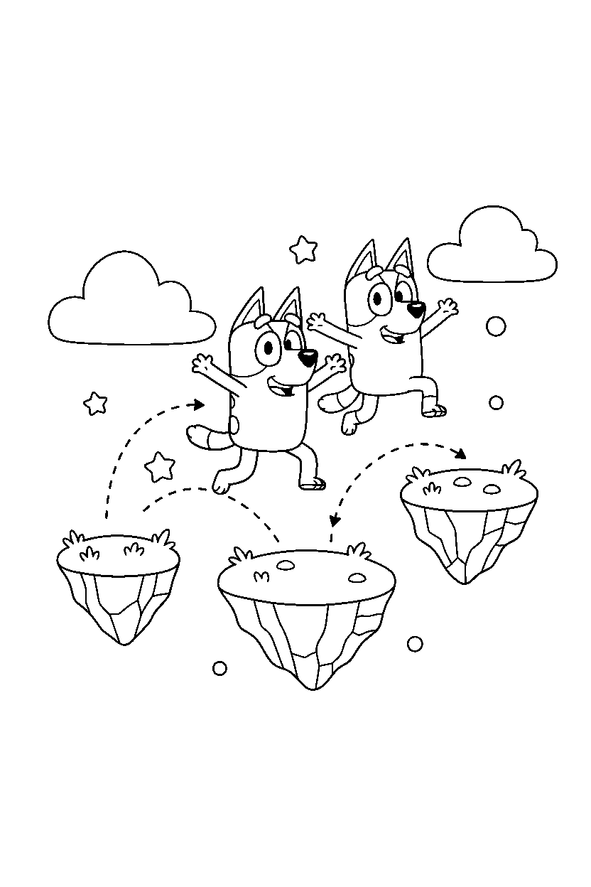 bluey chilli jumping in floating island line art