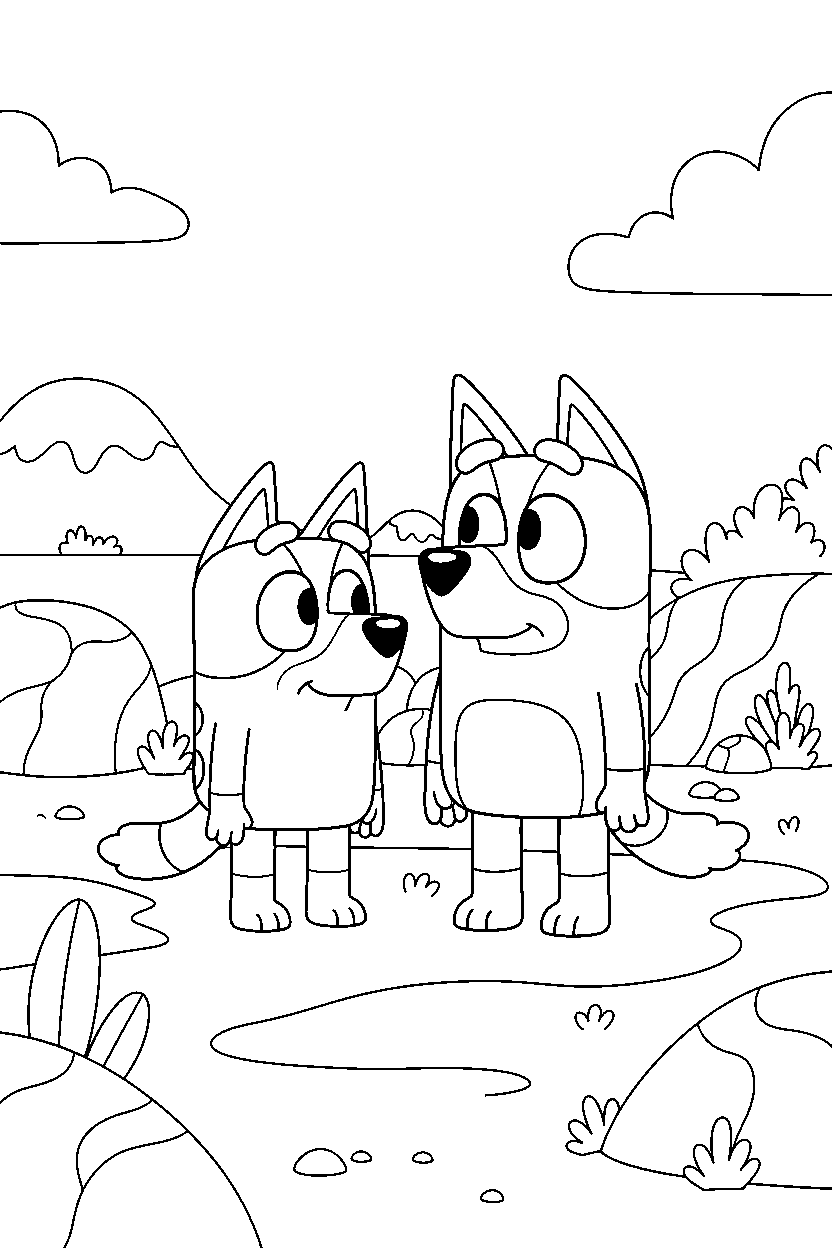 bluey chilli looking around in rocky area line art