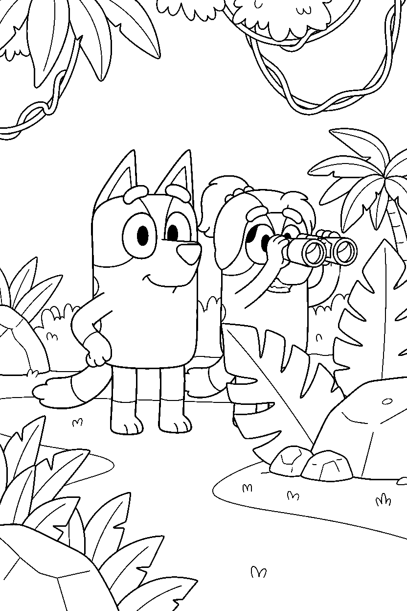 bluey chilli observing in jungle line art