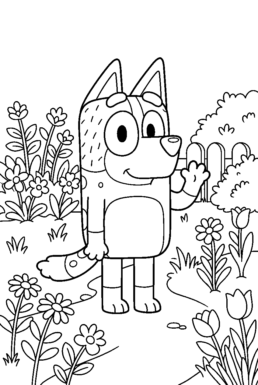 bluey chilli posing in flower garden line art