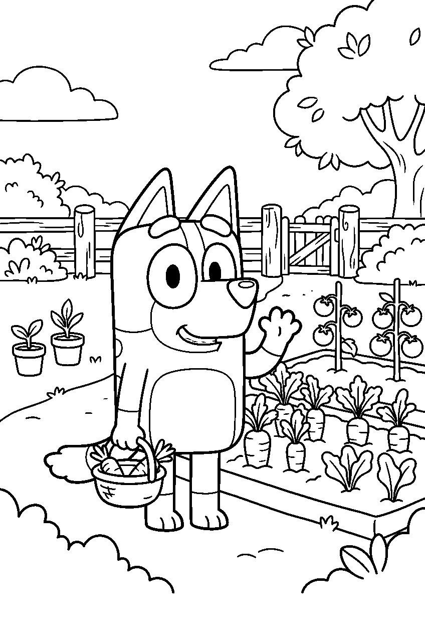 bluey chilli posing in vegetable garden line art