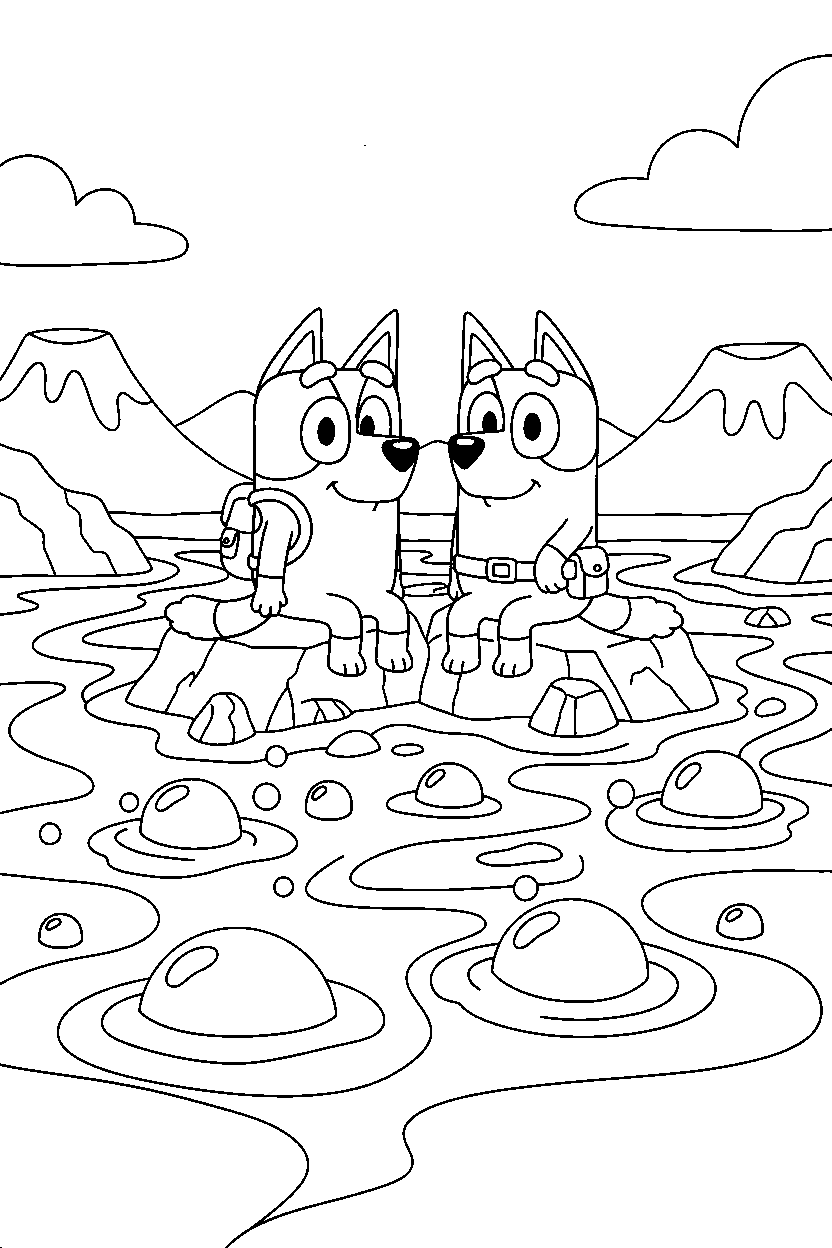 bluey chilli sitting in lava area line art