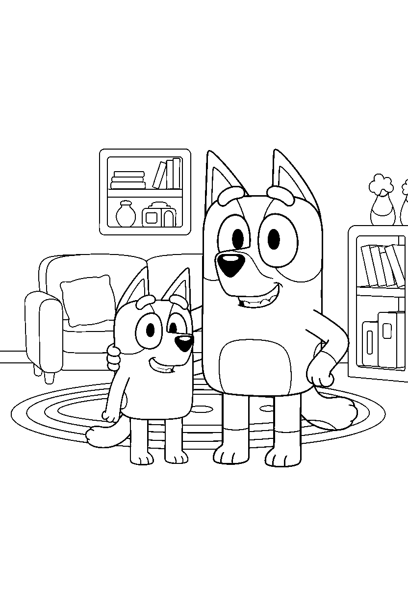 bluey chilli smiling in house line art