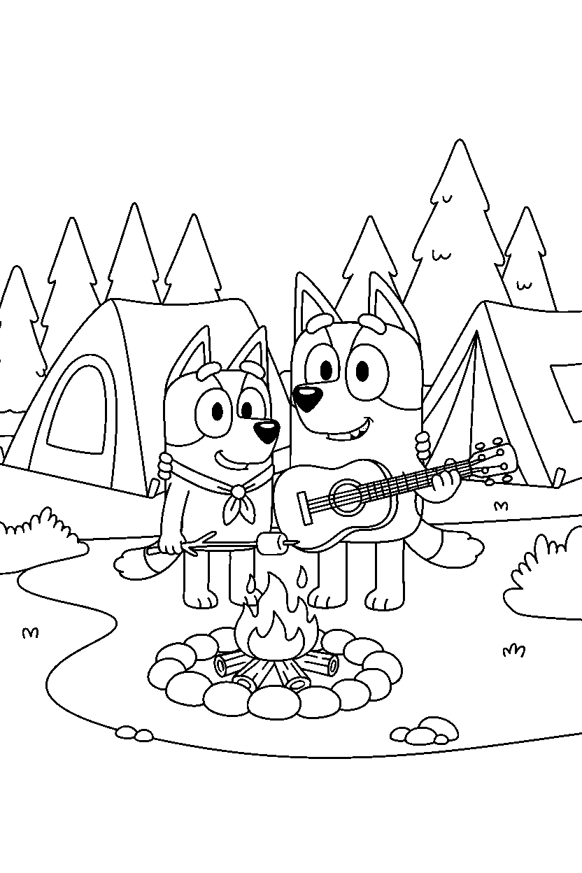 bluey chilli standing at campfire spot line art