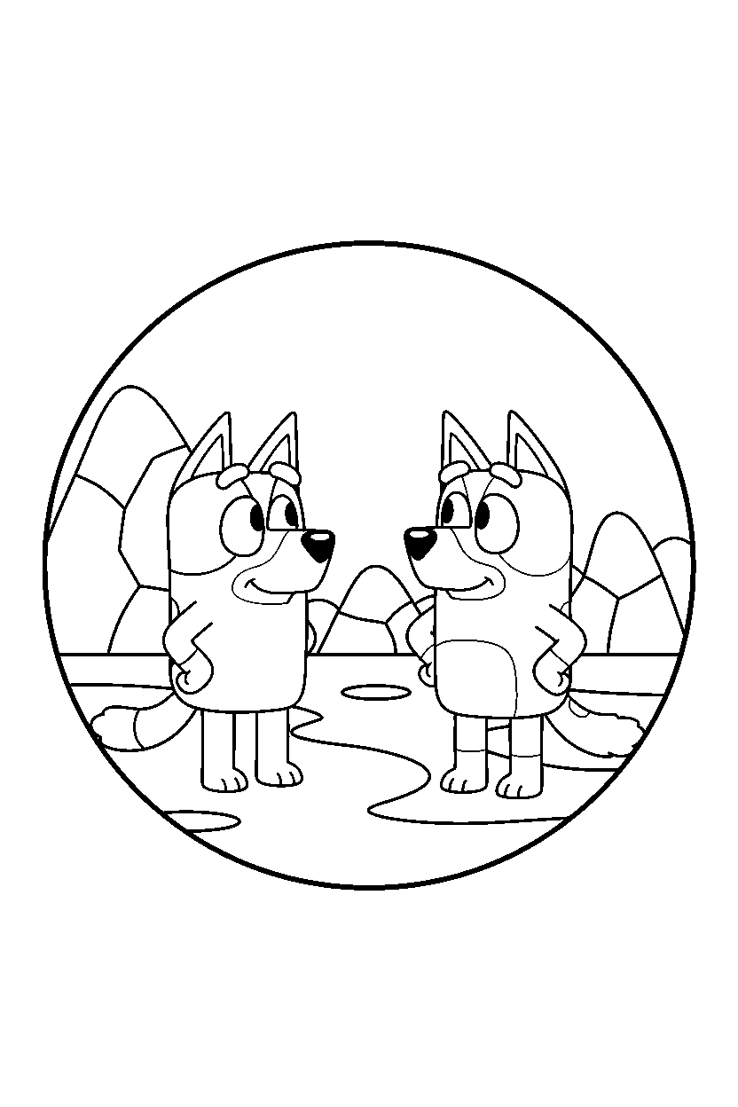 bluey chilli standing calmly in challenge area line art