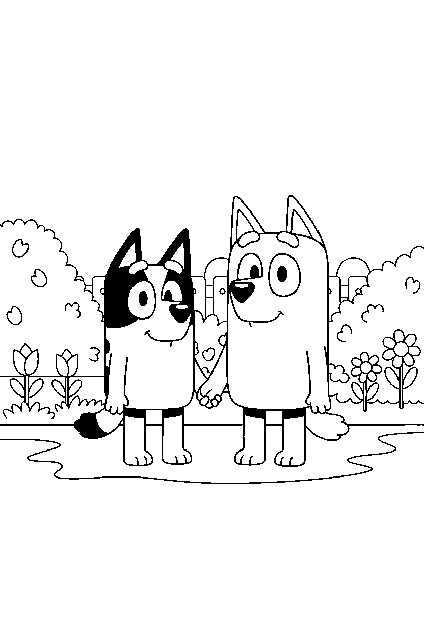bluey chilli standing calmly in garden line art