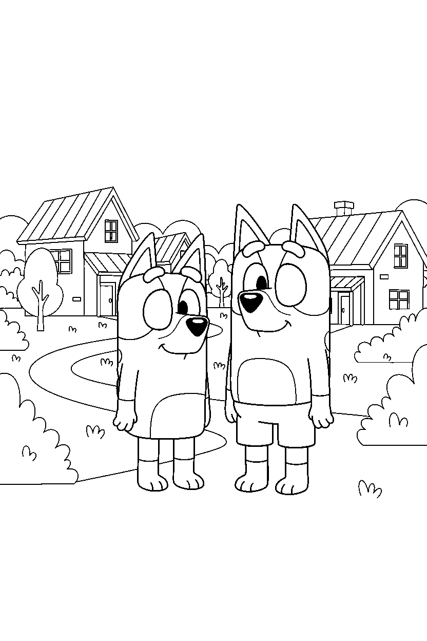 bluey chilli standing calmly in village line art