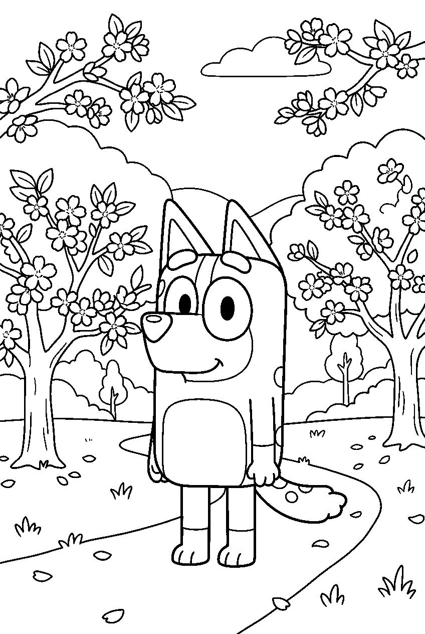 bluey chilli standing in cherry blossom park line art